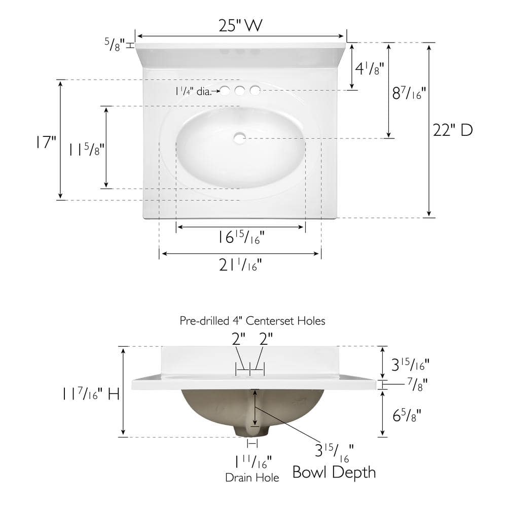 Solid White Cultured Marble Vanity Top with Integrated Oval Bowl, 25-inch