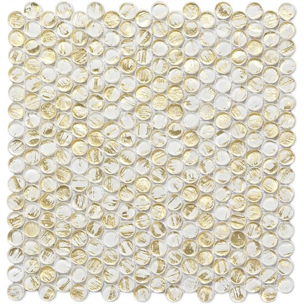 Apollo Tile Majeste 4" x 6" Glossy White and Gold Glass Mosaic Penny Round Wall and Floor Sample Tile 0.13 sq. ft./Piece (1-Pack)