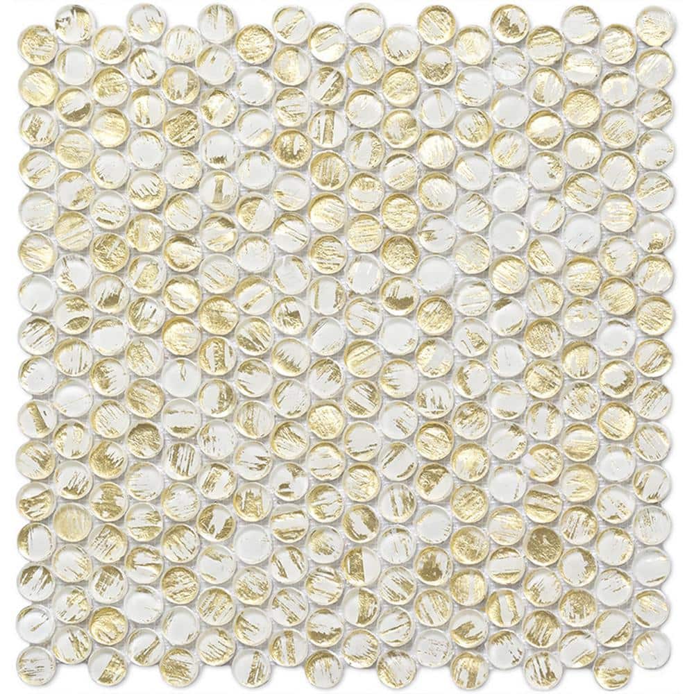 Majeste 12.2" White and Gold Glass Penny Round Mosaic Tile