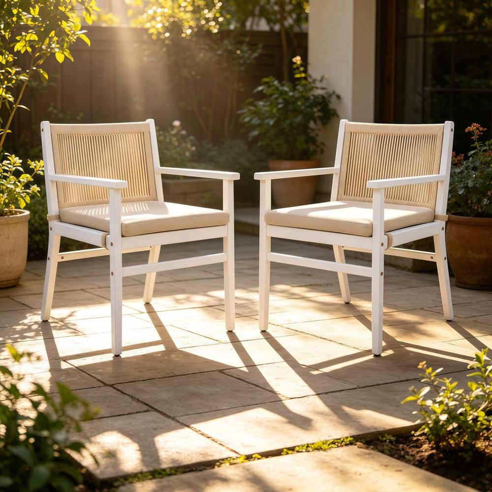 2-Piece Acacia Wood Patio Dining Chairs with Woven Rope Back & Beige Cushions, 400 lbs Capacity, White price history on PriceWatchPro