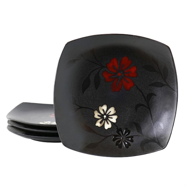 HOMETRENDS Evening Blossom 4-Piece 8 in. Square Stoneware Salad Plate Set in Black