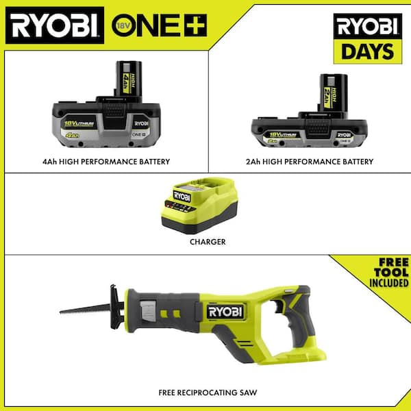 ONE+ 18V HIGH PERFORMANCE Kit w/ 4.0 Ah Battery, 2.0 Ah Battery, Charger, & FREE ONE+ Cordless Reciprocating Saw