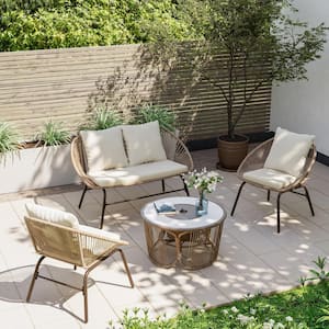 Brown 4-Piece Wicker Patio Fire Pit Deep Seating Set with Beige Cushions