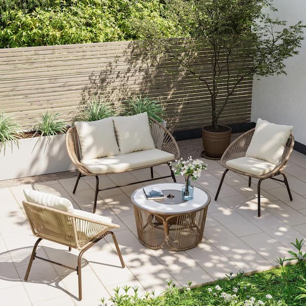 LAUSAINT HOME Brown 4-Piece Wicker Patio Fire Pit Deep Seating Set with Beige Cushions