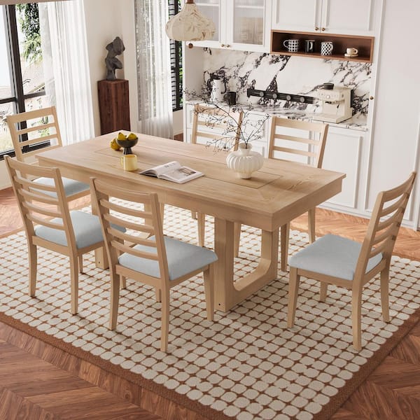 7-Piece Natural MDF Extendable Dining Set Seats 6 with Removable Leaf, 6 Beige Linen Upholstered Chairs