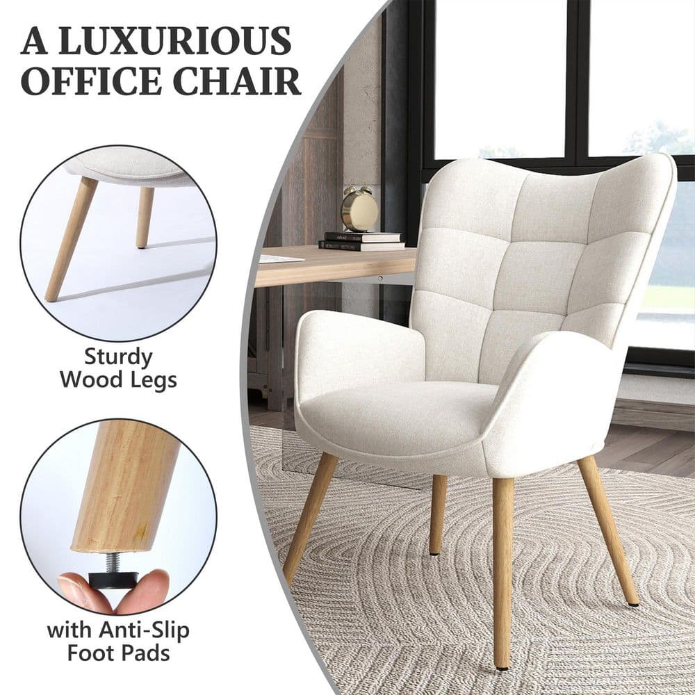 KAN Fabric Upholstered Office Chair, Ergonomic Design with Adjustable Foot Pads in Cream, Curved Wingback with Arms - Thumbnail 3