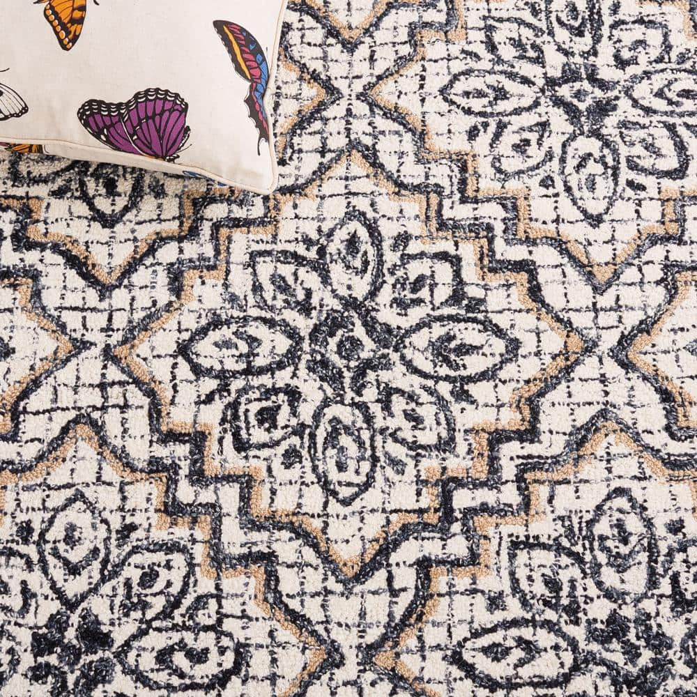 Ivory and Navy Abstract Handmade Wool Area Rug