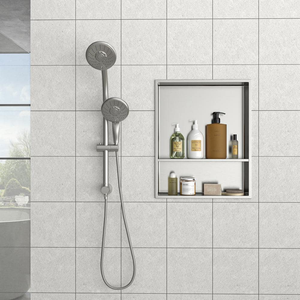 Brushed Nickel Stainless Steel Wall Mounted Shower Niche with Double Shelf