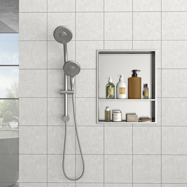 21 in. x 17 in. Brushed Nickel Stainless Steel Wall Mounted Shower Niche Double Shelf