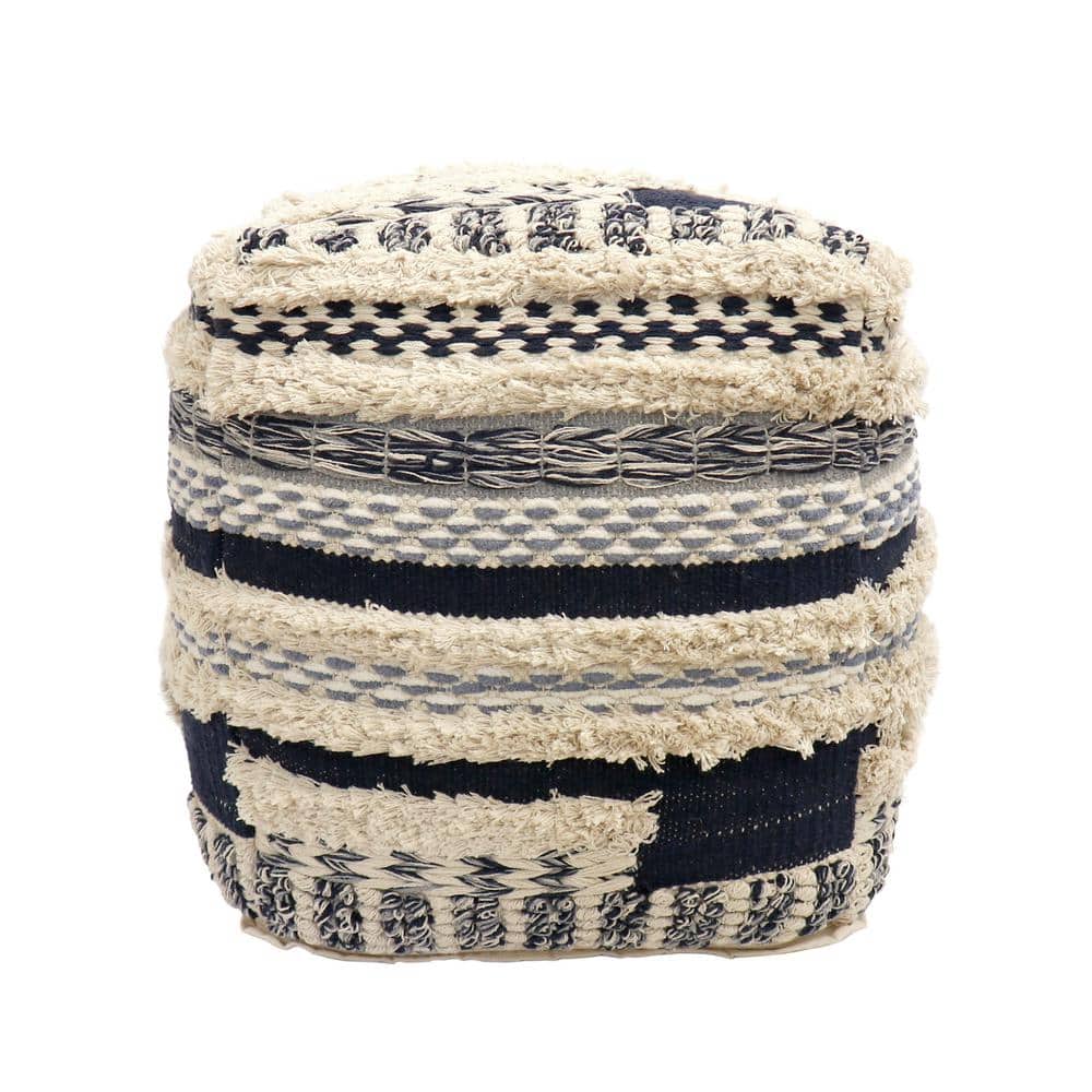 Navy and Beige Handwoven Cotton Shaggy Pouf