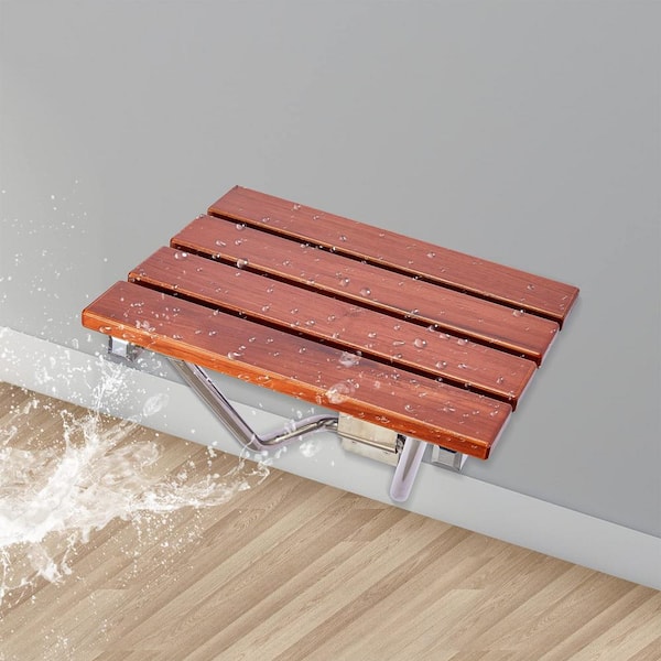 Numhew Wall Mounted Folding Teak Wood Shower Seat, Shower Bench in