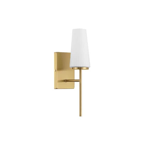 Savoy House Meridian 4.75 in. W x 16 in. H 1-Light Natural Brass Transitional Wall Sconce with Fluted White Opal Glass Shade