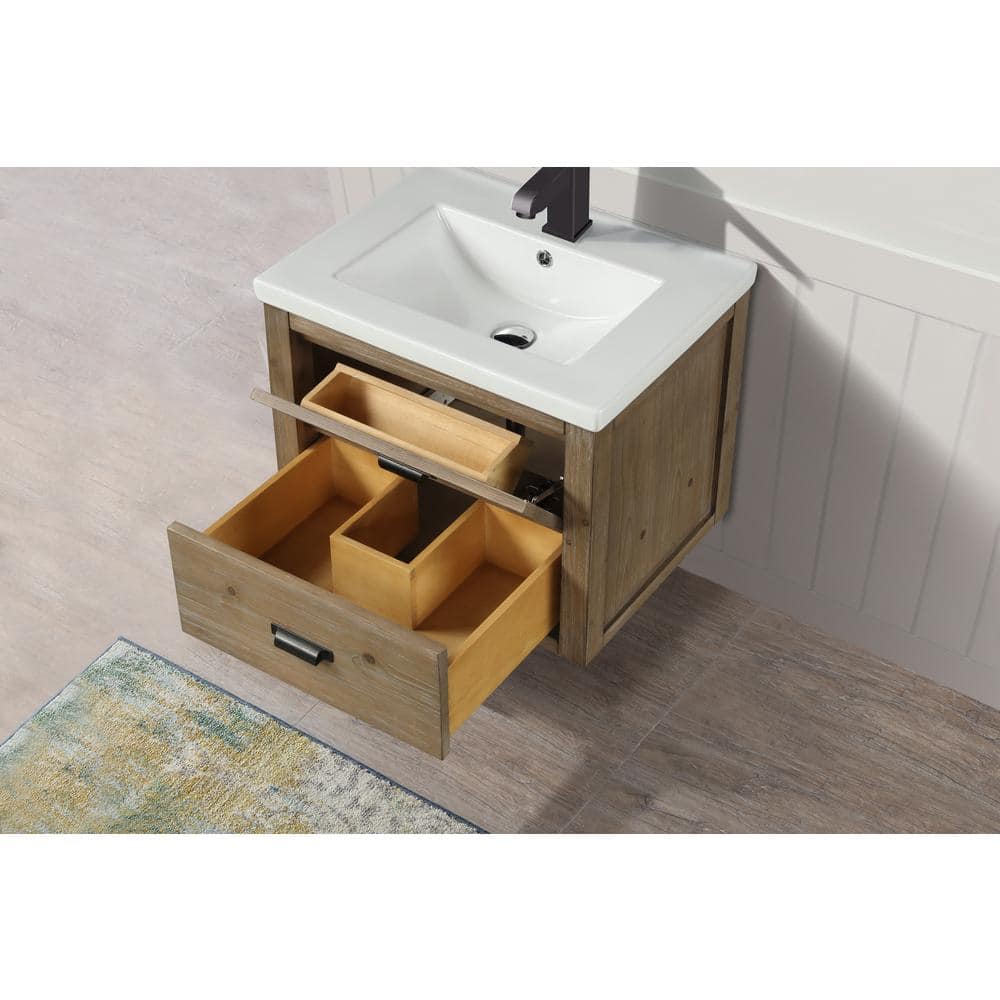 Kane 24" Weathered Fir Floating Bathroom Vanity with Ceramic Sink
