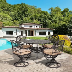 Classic Dark Brown 5-Piece Cast Aluminum Round Outdoor Dining Set with Table and Swivel Dining Chairs Beige Cushion