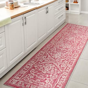 Malta Fuchsia/Light Gray 2 ft. x 10 ft. Bohemian Medallion Textured Weave Indoor/Outdoor Area Rug