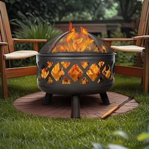 24 inch Black Crossweave Steel Wood-Burning Outdoor Fire Pit-Includes Spark Screen and Poker