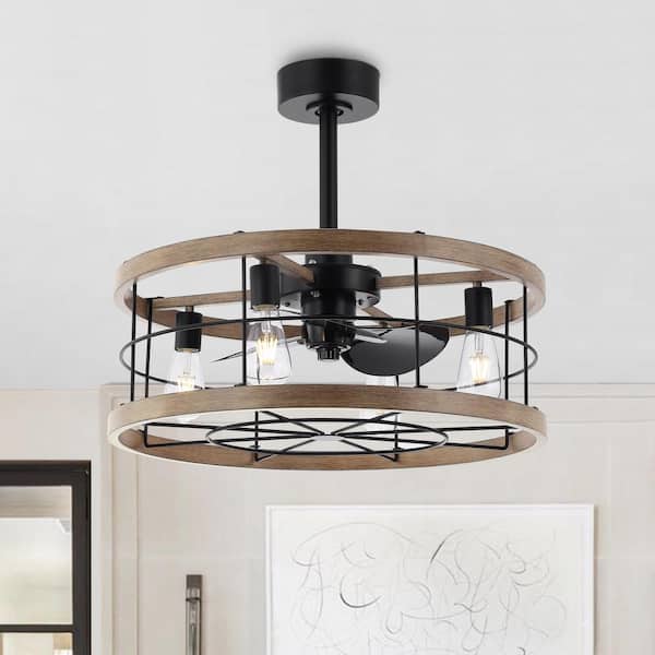 24 in. Indoor Black Farmhouse Metal Caged Indoor Ceiling Fan with Light Kit and Remote Control