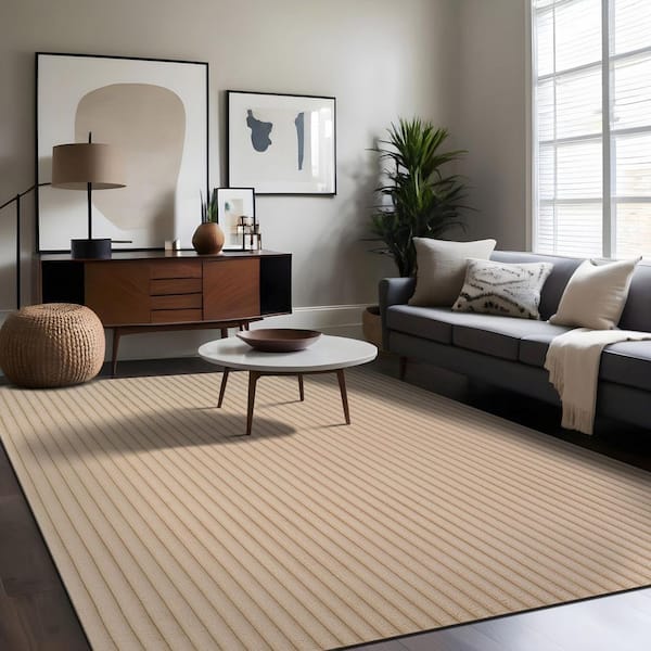 UltraPlush Touch 8 ft. x 10 ft. Beige Non-Slip Rubber Back Washable Polyester Stripes Indoor Area Rug