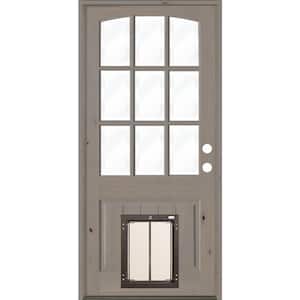 32 in. x 80 in. Knotty Alder Left-Hand/Inswing 9-Lite Clear Glass Grey Stain Wood Prehung Front Door with Large Dog Door