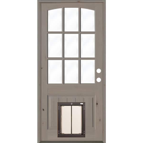 Krosswood Doors 32 in. x 80 in. Knotty Alder Left-Hand/Inswing 9-Lite Clear Glass Grey Stain Wood Prehung Front Door with Large Dog Door