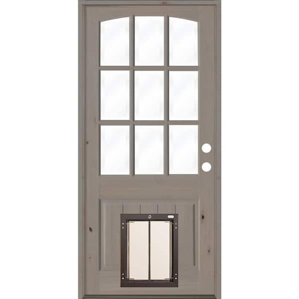 Krosswood Doors 36 in. x 80 in. Left-Hand Arch Top 9 Lite Clear Glass Grey Stained Wood Prehung Door with Large Dog Door