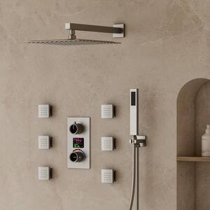 3-Spray 12 in. Wall Mount Dual Fixed and Handheld Shower Head 2.5 GPM and LCD Display in Brushed Nickel(Valve Included)