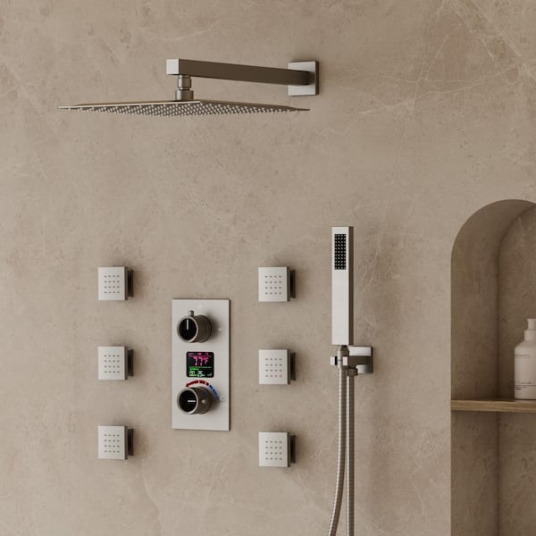 CRANACH 3-Spray 12 in. Wall Mount Dual Fixed and Handheld Shower Head and LCD Display in Brushed Nickel(Valve Included)