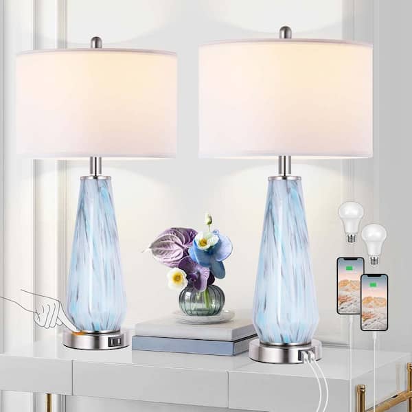 27 in. Contemporary Grey and Blue Table Lamps, 3-Way Dimmable Hand Crafted Nightstand Lamps with 2-USB Ports