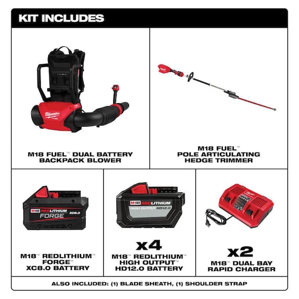 M18 FUEL 18V Brushless Cordless Dual Battery Backpack Blower Kit w/ M18 Hedge Trimmer, (5) M18 Batteries, (2) Chargers
