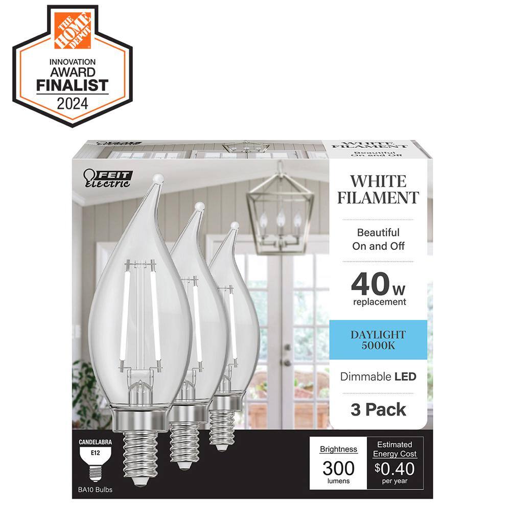 40-Watt Equivalent BA10 E12 Candelabra Dim White Filament Clear Glass Chandelier LED Light Bulb Daylight 5000K (3-Pack) price history on PriceWatchPro