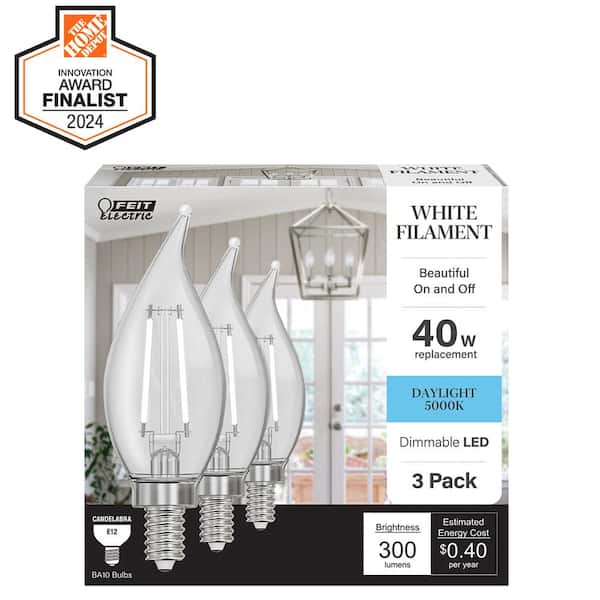 40-Watt Equivalent BA10 E12 Candelabra Dim White Filament Clear Glass Chandelier LED Light Bulb Daylight 5000K (3-Pack)