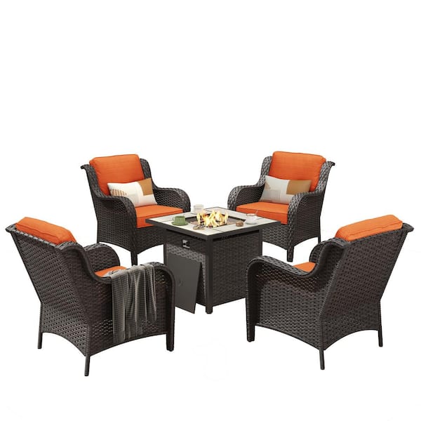 Erie Lake Brown 5-Piece Wicker Outdoor Patio Fire Pit Seating Sofa Set and with Orange Red Cushions
