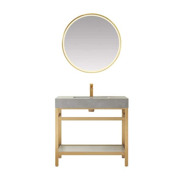 ROSWELL Funes 36 in. W x 22 in. D x 34 in. H Single Sink Bath Vanity in Brushed Gold with Grey Natural Stone Top and Mirror
