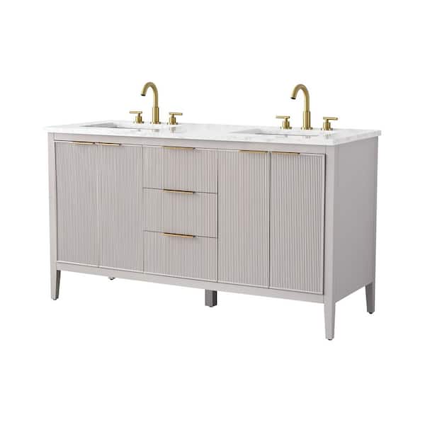 Emma 60 in. W Bath Vanity in Taupe with Engineered Stone Top in Arabescato with White Sinks