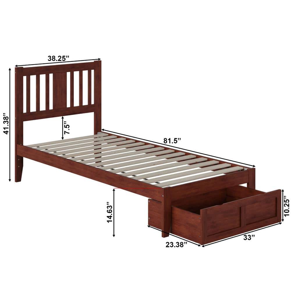 Walnut Twin Wood Frame Bed with Storage Drawer and USB Charger