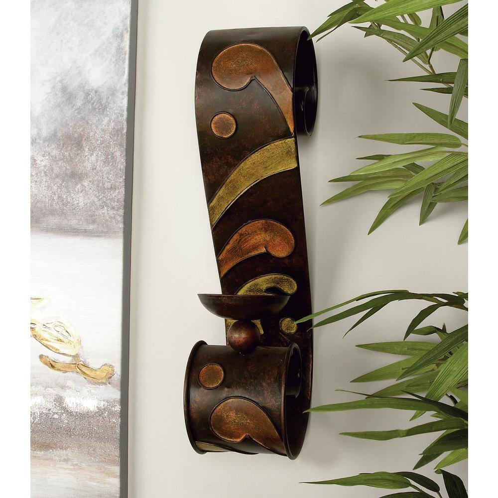 Bronze and Green Metal Abstract Wall Candle Holder Set