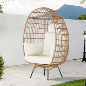 Patio Wicker Swivel Egg Chair, Oversized Indoor Outdoor Egg Chair, Brown Ratten Beige Cushions