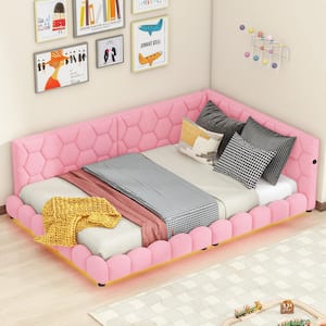 Pink Wood Frame Full Size Teddy Fleece Upholstered Platform Bed, Daybed with USB Ports, LED Strips