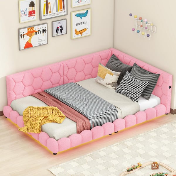 Harper & Bright Designs Pink Wood Frame Full Size Teddy Fleece Upholstered Platform Bed, Daybed with USB Ports, LED Strips