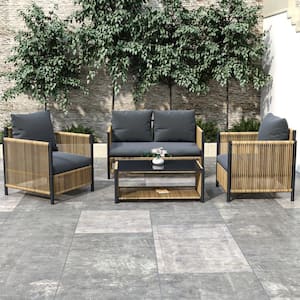 Outdoor Black 4-piece Wicker Patio Conversation Set With Gray Cushions