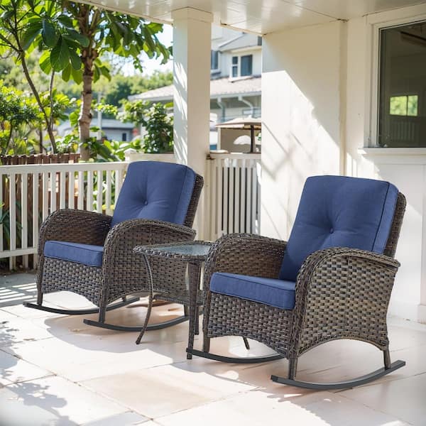 Gymojoy Carlos Brown 3-Piece Wicker Patio Conversation Set with Blue Cushions