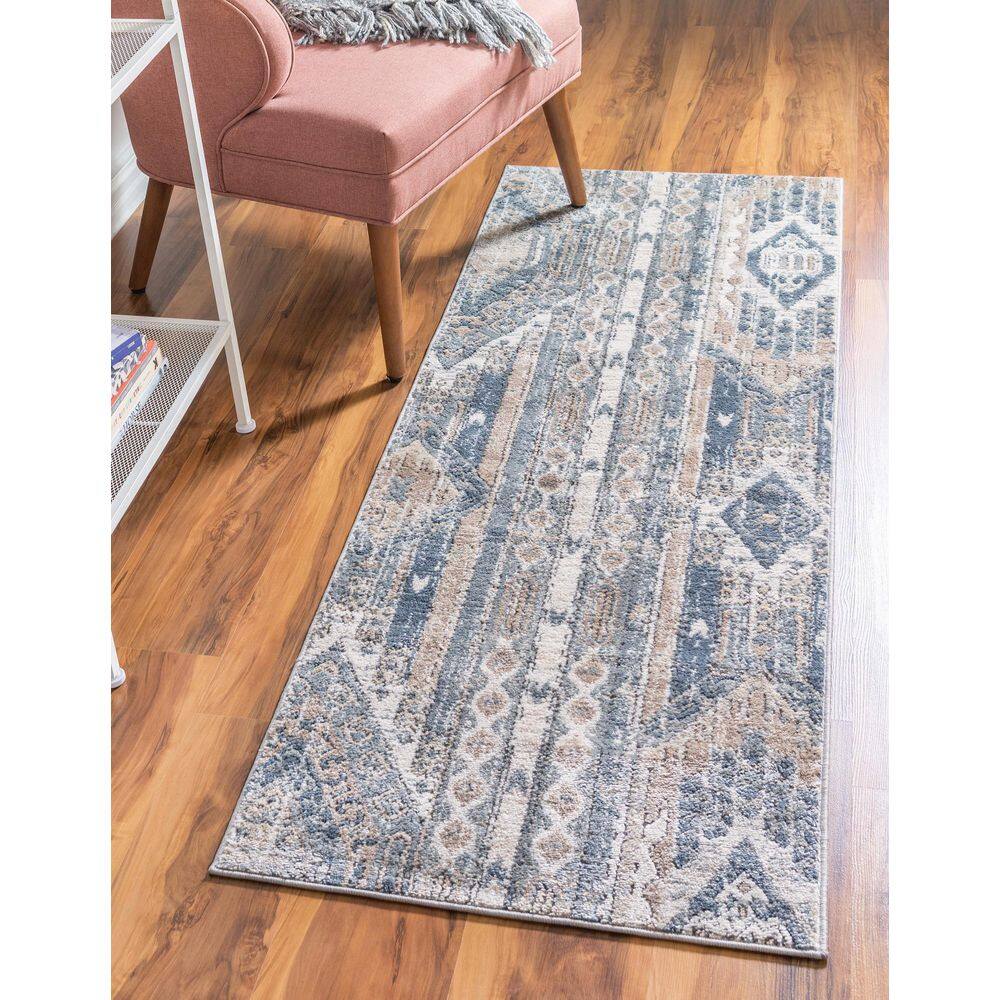 Navy Blue Geometric Indoor Runner Rug with Easy Care and Stain Resistance