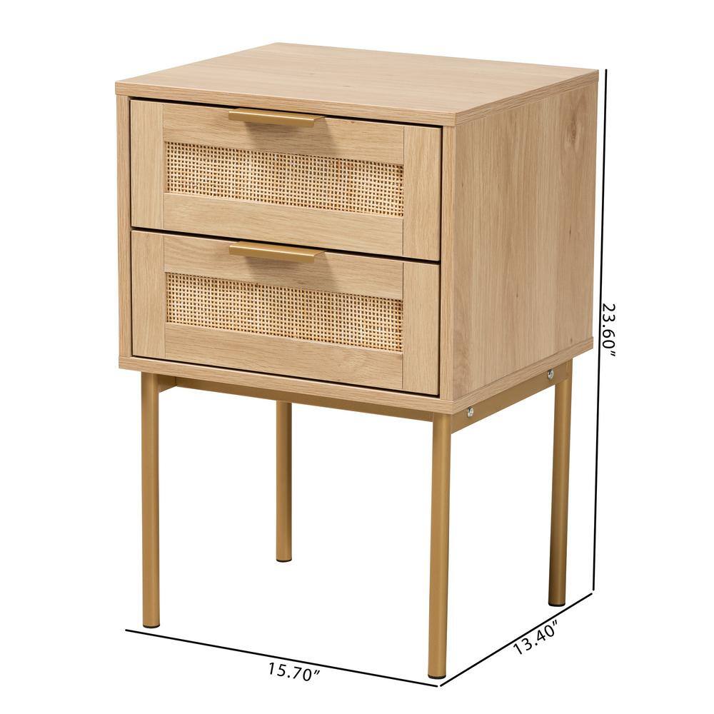 Japandi Light Brown Wood and Gold Metal 2-Drawer End Table with Rattan Fronts