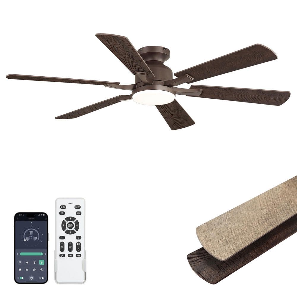 52 in. Brown Indoor/Outdoor Ceiling Fan with LED Light Remote/APP Reversible DC Motor Flush mount Standard Living Room price history on PriceWatchPro