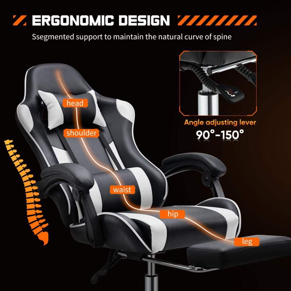 Ergonomic Gaming Chair-Highback PU Leather Recliner w/Spring Cushion,Stretchable Footrest,Lumbar Support-Black and White - Thumbnail 4