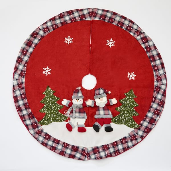 48 in. Red Snowman and Santa Embroidered Christmas Tree Skirt 7098 ...