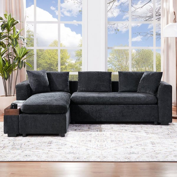 93.7 in. Square Arm Chenille Sectional Sofa with wooden Storage Compartment in. Black