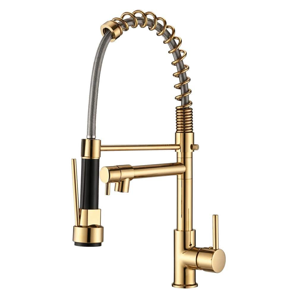 Single Handle Deck Mount Spring Pull Down Sprayer Kitchen Faucet with Pot Filler in Polished Gold -  PROOX, PRAA291PG