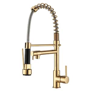 Single Handle Deck Mount Spring Pull Down Sprayer Kitchen Faucet with Pot Filler in Polished Gold