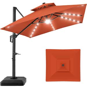 10 ft. Solar LED 2-Tier Square Cantilever Patio Umbrella with Base Included in Rust